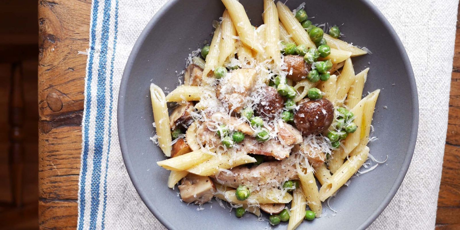 Sautéed Chicken, Mushroom, and Pea Penne