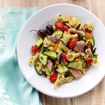 This pasta salad is loaded with farm-stand squash and zucchini — and two pounds of tomatoes. Just combine the raw veggies with canned tuna and campanelle pasta for a beat-the-heat — and beat-the-clock — meal.Recipe: Rustic Pasta Toss with Tuna and Tomatoes